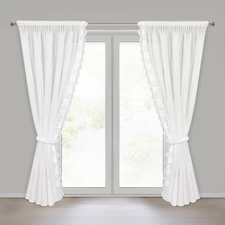 Komplet 2 szt. firan białych z drobnej siateczki zdobionych subtelnym haftem 140x270 cm taśma - LETI Eurofirany