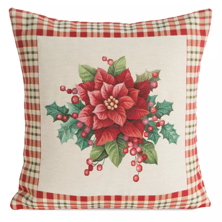 Poszewka na poduszkę 45x45 cm bawełniana, gobelinowa z mieszanki włókien zdobiona motywem gwiazdy betlejemskiej naturalno, czerwona GOB Eurofirany