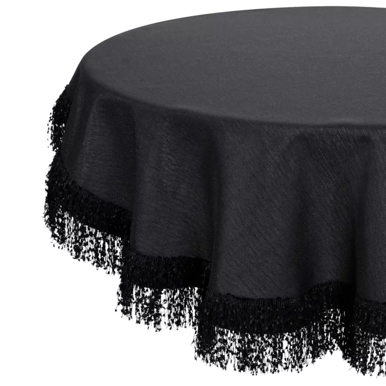 Obrus okrągły czarny średnica 150 cm JASPER zdobiony puszystymi frędzlami EUROFIRANY PREMIUM