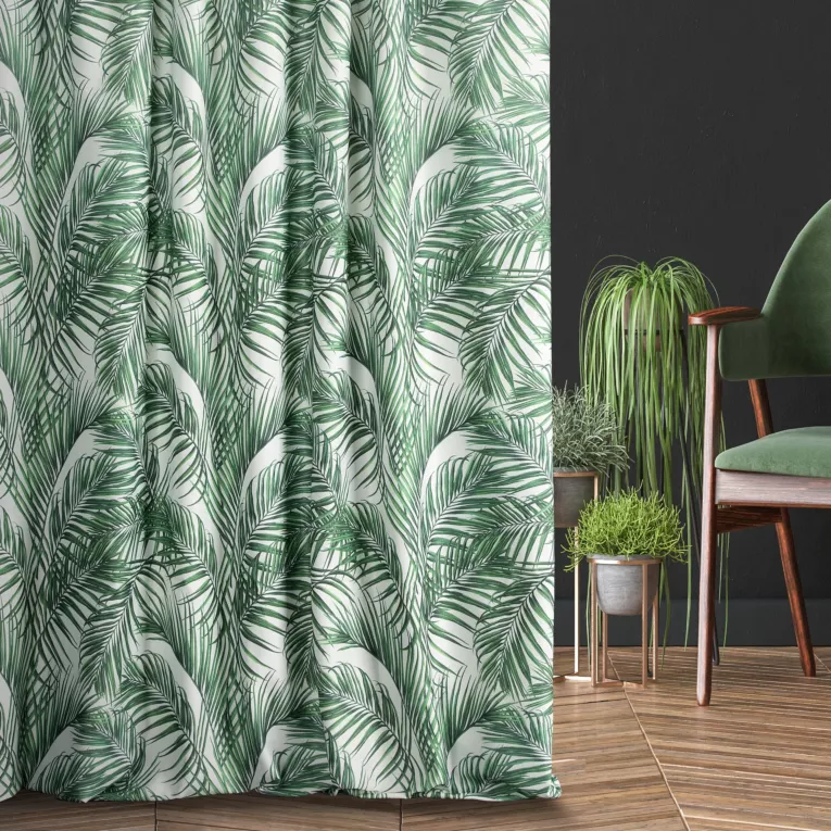 Zasłona szyta na taśmie fala PALMAS zielona z tkaniny o naturalnym splocie w botaniczny wzór