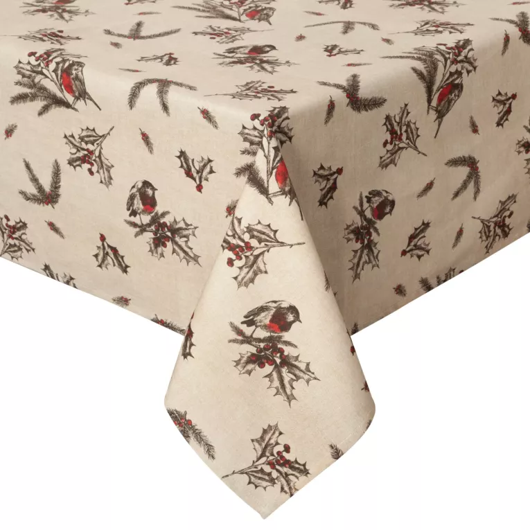 Obrus świąteczny 140x220 cm beżowo, brązowy bawełniany zdobiony zimowym nadrukiem MELODY Eurofirany