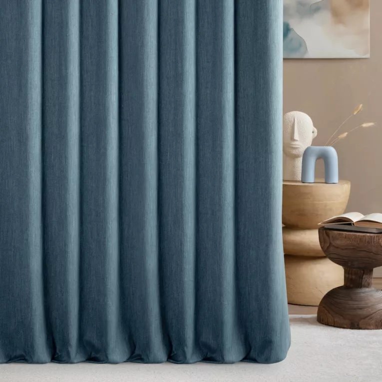 Zasłona szyta na taśmie 5 cm petroa z tkaniny o naturalnym splocie z efektem melanżu