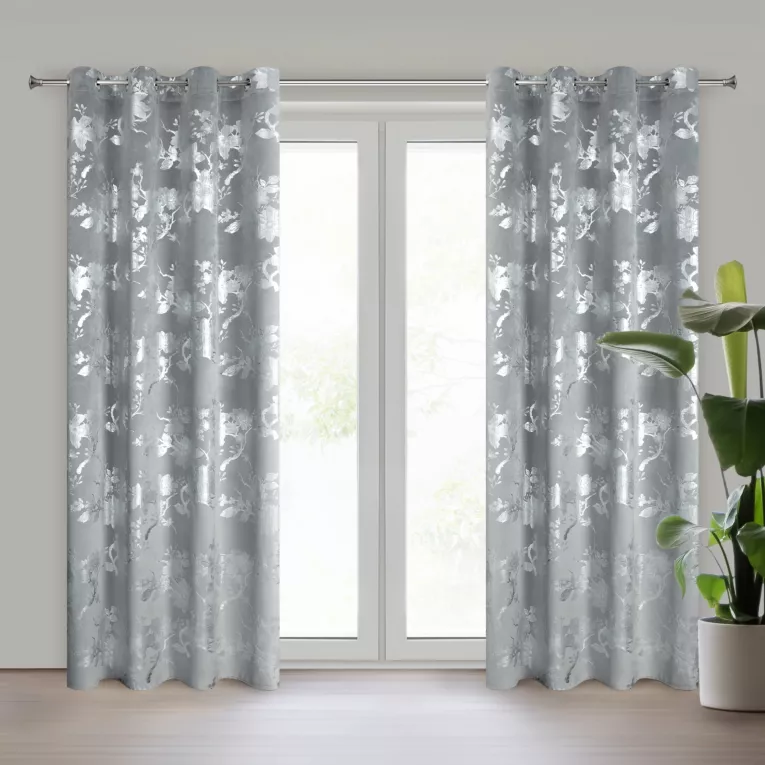 Zasłona stalowo, srebrna zdobiona nadrukiem połyskijących kwiatów 140x250 cm przelotka - CELIA Eurofirany