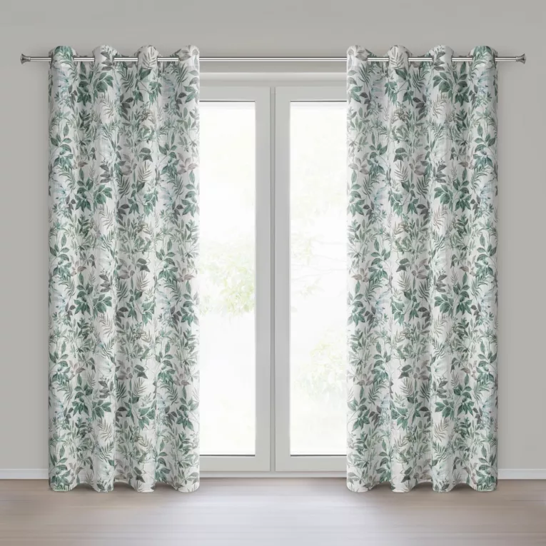Zasłona o naturalnym splocie zdobiona nadrukiem liści biało, zielona 140x250 cm przelotka - AMANDA Eurofirany