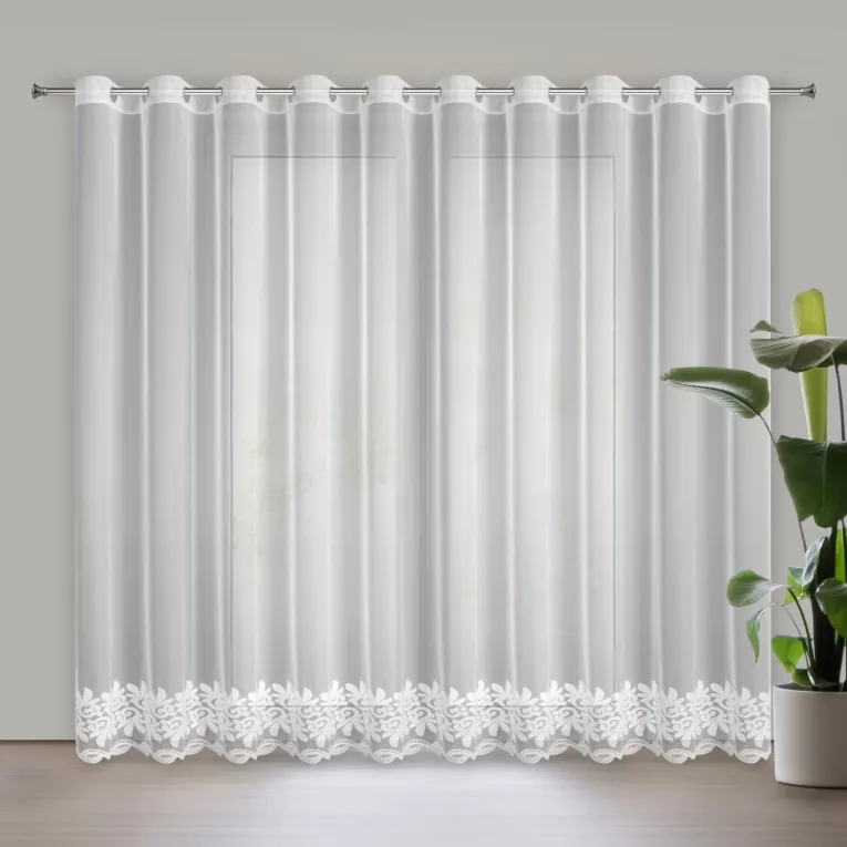 Firana biała zdobiona w dolnej części haftem 350x250 cm przelotka TALIA Eurofirany