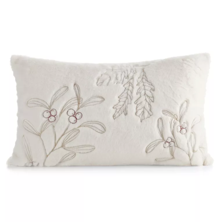 Poszewka na poduszkę  30x50 cm kremowo, złota z przyjemnego futerka zdobiona świątecznym haftem gałązek Eurofirany