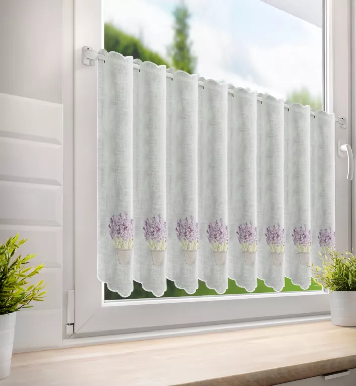 Tkanina firanowa zazdrostka z etaminy zdobiona haftem lawendy Eurofirany