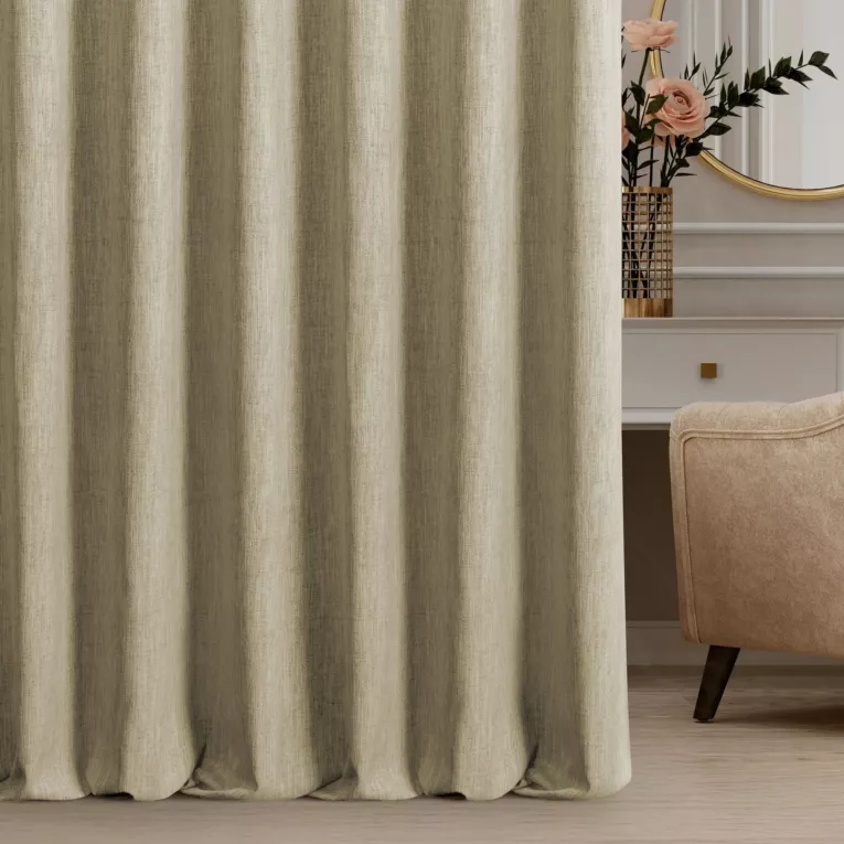 Zasłona szyta na taśmie 5 cm jasnobrązowa z tkaniny o naturalnym splocie z efektem melanżu