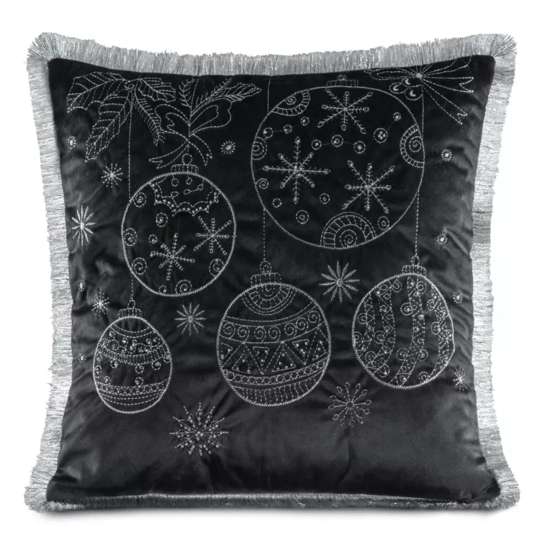 Poszewka na poduszkę 45x45 cm z haftowanym świątecznym motywem z frędzlami na brzegach czarno, srebrna Eurofirany