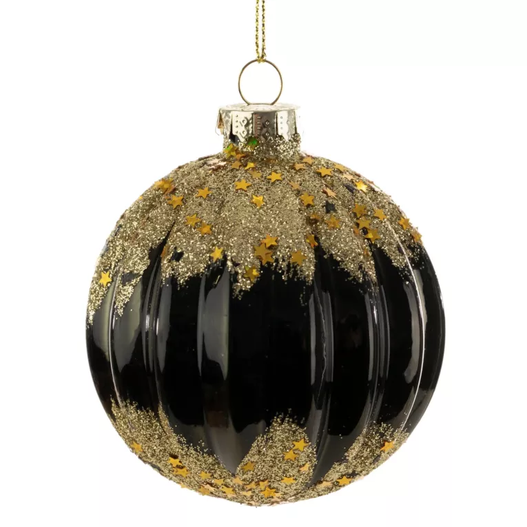 Czarna szklana bombka choinkowa z wytłaczanym wzorem i złotymi drobinkami 8 cm Eurofirany