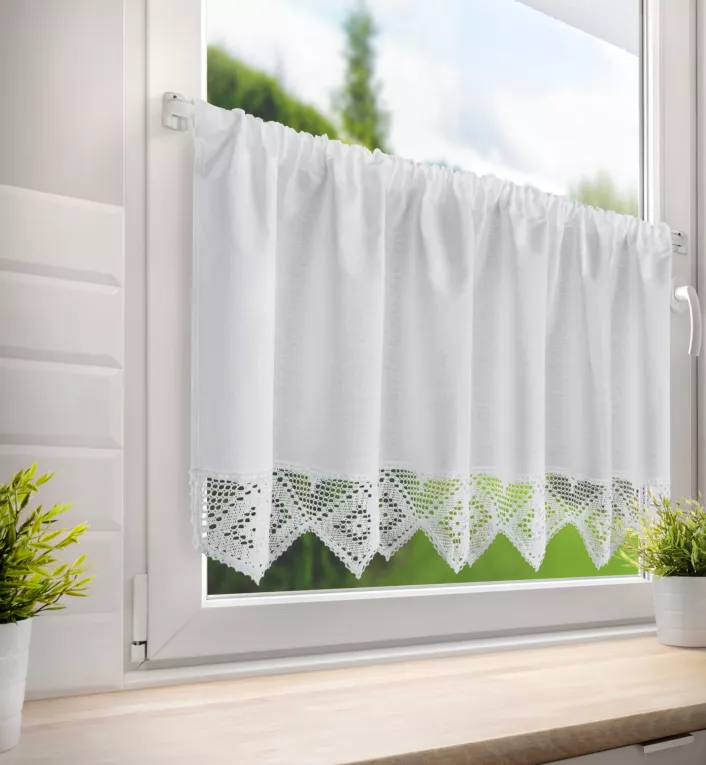Zazdrostka biała z tkaniny z przewagą bawełny zdobiona koronką 150x60 cm tunel ISAAC Eurofirany