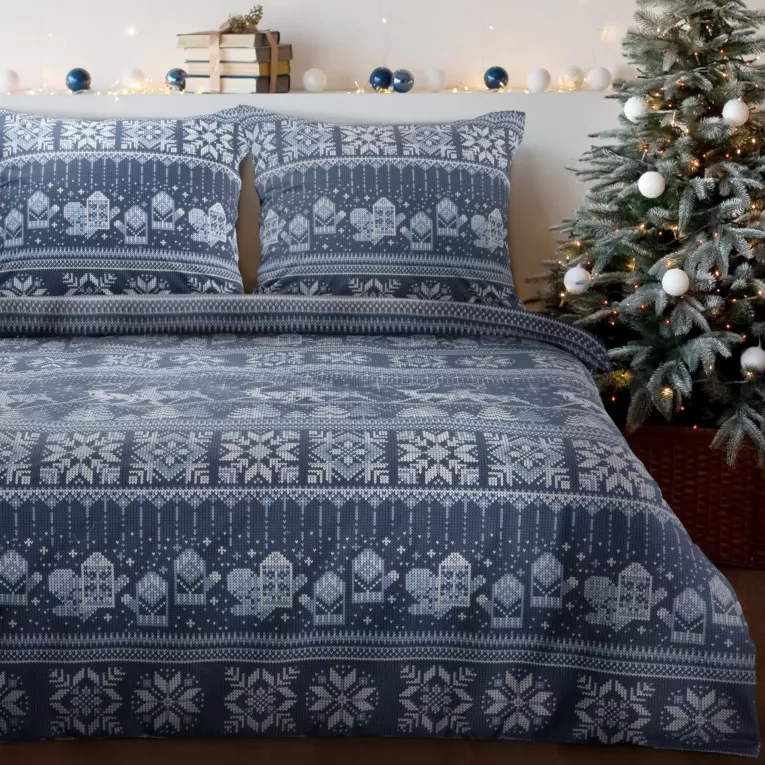 Pościel świąteczna 140x200 cm bawełna flanelowa kolor granatowy, biały z subtelnym nadrukiem FJORD Eurofirany