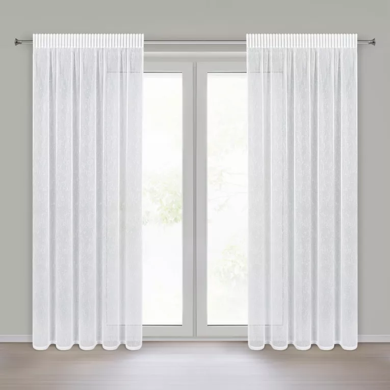 Firana biało, srebrna o strukturze drobnego deszczyku przetykana srebrną nicią 140x270 cm taśma KELLY Eurofirany