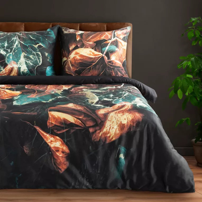 Pościel 160x200 cm z makosatyny bawełnianej kolor czarny, turkusowy z wzorem roślinnym EVA 16 Eva Minge Eurofirany