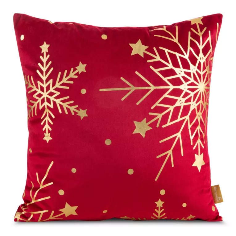 Poszewka na poduszkę świąteczna 45x45 cm welwetowa czerwona zdobiona świątecznym nadrukiem szampańskich śnieżynek Eurofirany