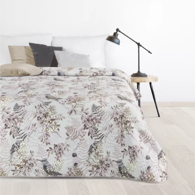Narzuta biało, beżowa 220x240 cm z nadrukiem z motywem ptaków i gałązek ze złocistymi akcentami POLY DESIGN 91 Eurofirany