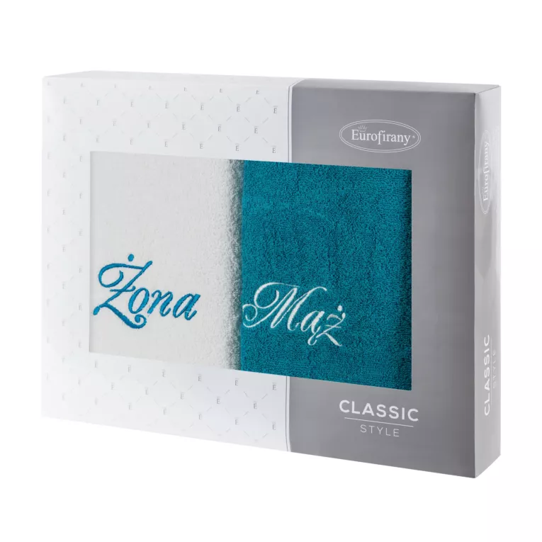 Zestaw ręczników bawełnianych 2 szt 50x90 cm z haftem Żona i Mąż kolor biały,turkusowy 400 g/m2 Eurofirany