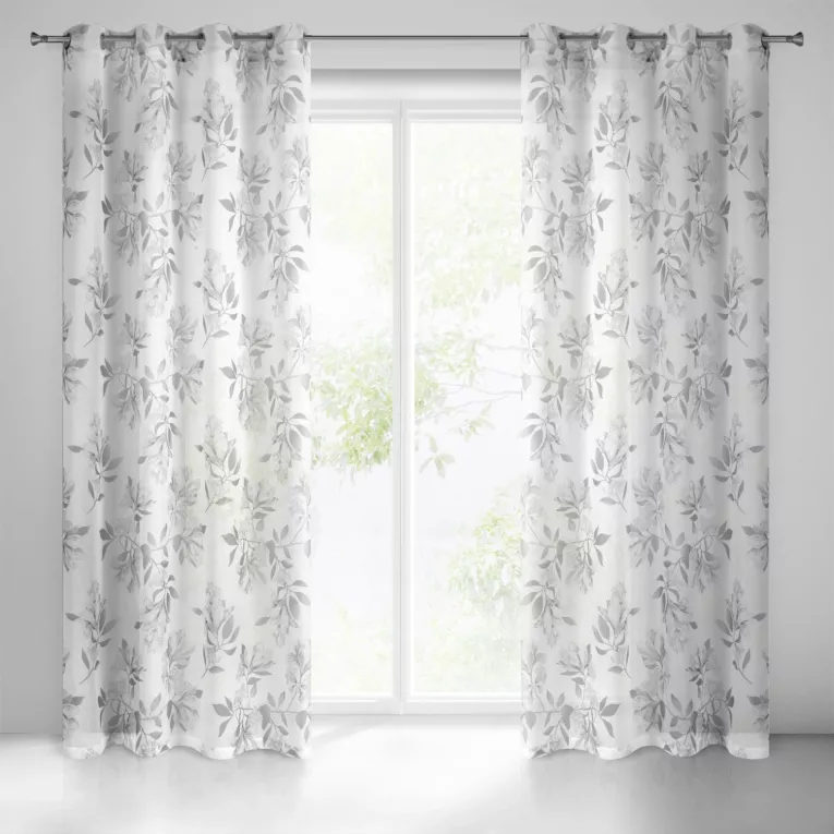 Dekoracja okienna biało, stalowa z lekkiej półtransparentnej etaminy z nadrukiem kwiatów 140x250 cm przelotka ALLISON Eurofirany