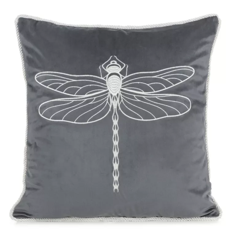 Poszewka na poduszkę 45x45 cm welwetowa z haftem ważki oraz ozdobnym sznurem grafitowo, srebrna Eurofirany