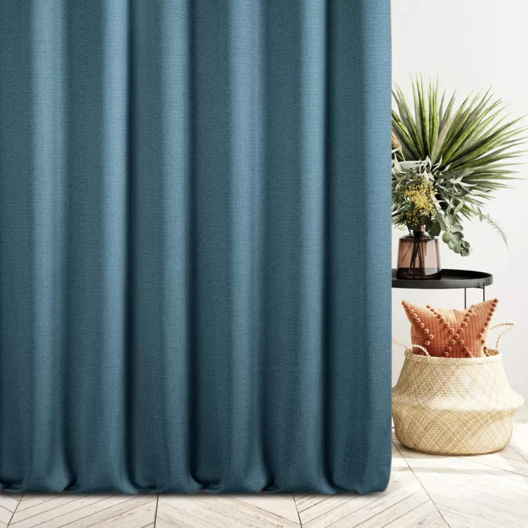 Zasłona szyta na taśmie 5 cm ciemnoniebieska z tkaniny o naturalnym splocie z efektem melanżu