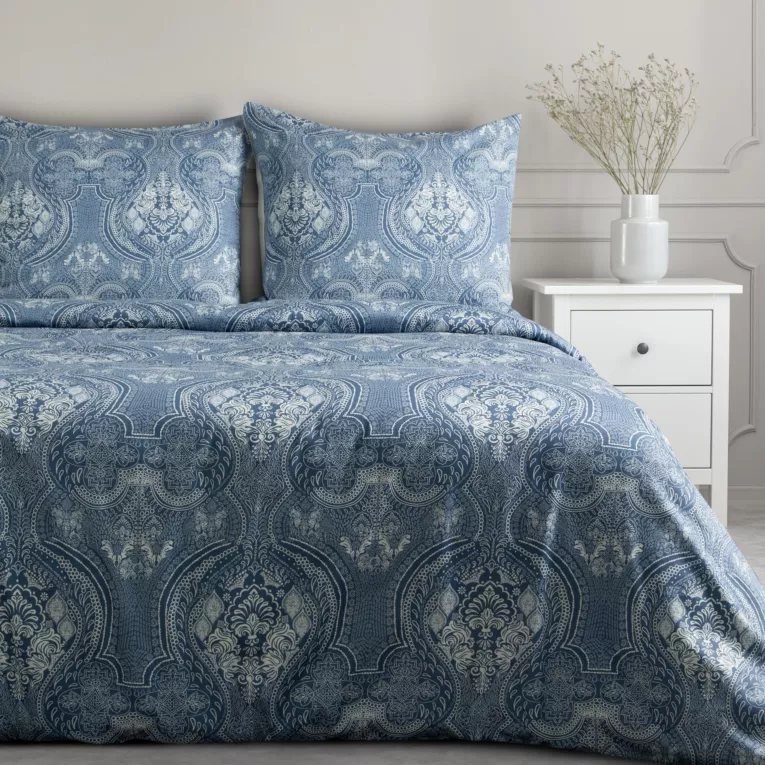 Pościel 220x200 cm makosatyna bawełniana kolor niebieski, kremowy z nadrukiem ornamentu REINA 46 Eurofirany