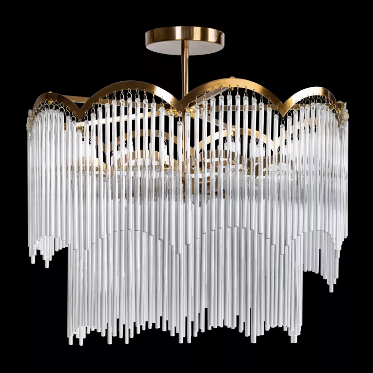 Lampa wisząca do salonu biało, złota SALMA zdobiona zwisającymi szklanymi sopelkami Eurofirany