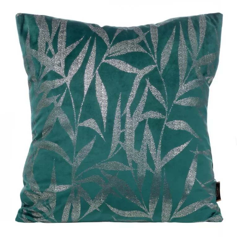 Poszewka na poduszkę 45x45 cm welwetowa ze złocistym nadrukiem liści ciemnoturkusowa BLINK 22 Eurofirany