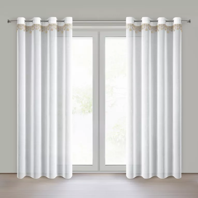 Firana świąteczna biało, złota z etaminy zdobiona aplikacją z motywem gwiazdek 140x250 cm przelotki - XMAS Eurofirany