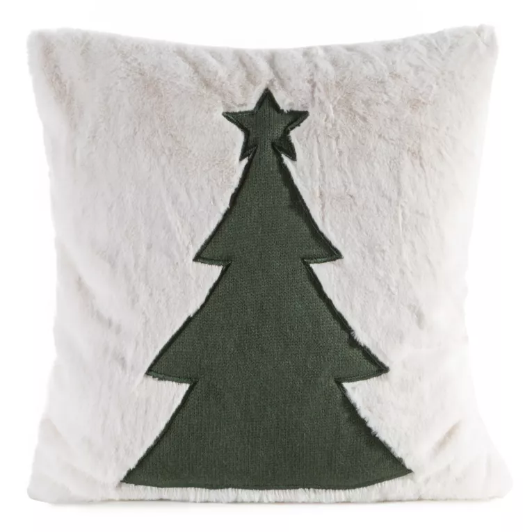 Poszewka na poduszkę 45x45 cm świąteczna z futerka zdobiona aplikacją choinki kremowo, zielona FELIKS1 Eurofirany