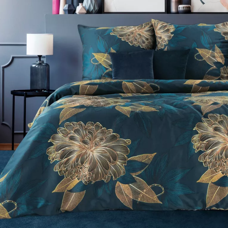 Pościel 160x200 cm bawełniana kolor ciemnoturkusowy, złoty w ozdobnym opakowaniu z motywem dużych kwiatów MOLLY Eurofirany