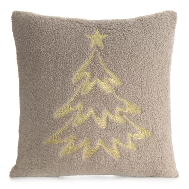 Poszewka na poduszke 45x45 cm z tkaniny typu bukla zdobiona haftowaną gwiazdą beżowo, szampańska Eurofirany