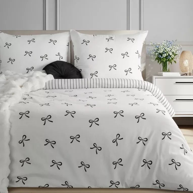 Pościel 140x200 cm komplet 2 częściowy z satyny bawełnianej kolor biało, czarna zdobiona nadrukiem kokardek RAYA 5 Eurofirany