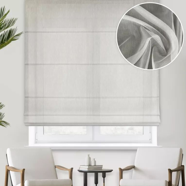 Roleta rzymska kremowa z miękkiej w dotyku tkaniny z efektem deszczyku, wykończona obciążnikiem