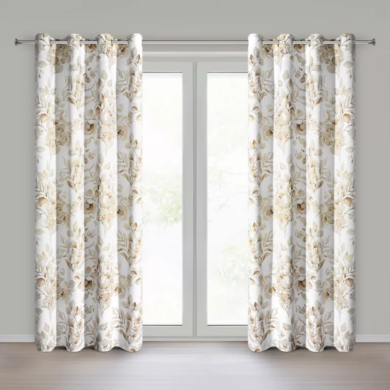 Zasłona beżowo, złota zaciemniająca z roślinnym nadrukiem i błyszczącymi akcentami 140x250 cm przelotki - OLENI Eurofirany