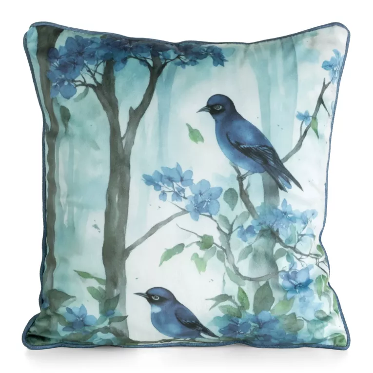 Poszewka na poduszkę 45x45 cm welwetowa jasnoniebiesko, ciemnoniebieska z roślinnym nadrukiem VELVET 202 Eurofirany