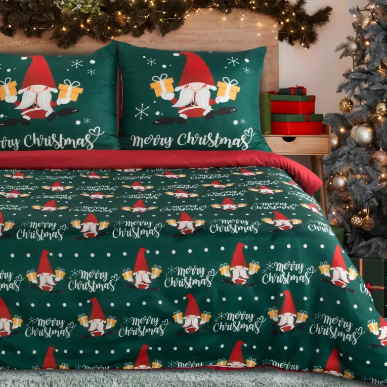 Pościel świąteczna 160x200 cm kolor zielony, czerwony zdobiona uroczym motywem skrzatów GALDOR Eurofirany