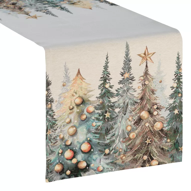 Świąteczny bieżnik naturalno, zielony 45x140 cm gobelinowy zdobiony tkanym motywem choinek Eurofirany
