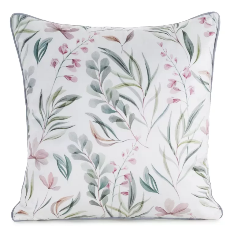 Poszewka na poduszkę 45x45 cm welwetowa z nadrukiem pastelowych kwiatów i ozdobną kontrastującą wypustką biało, zielona VELVET 148 EUROFIRANY PREMIUM