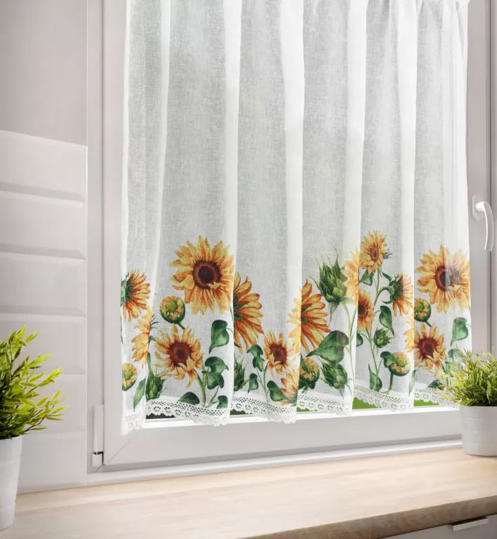 Zazdrostka biało, pomarańczowa z etaminy z zdobiona kwiatowym nadrukiem i koronką 150x90 cm tunel HELIA Eurofirany