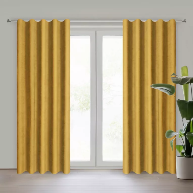Zasłona musztardowa z tkaniny welurowej 220x260 cm szerokość po zmarszczeniu fala 1:2 Dora Eurofirany