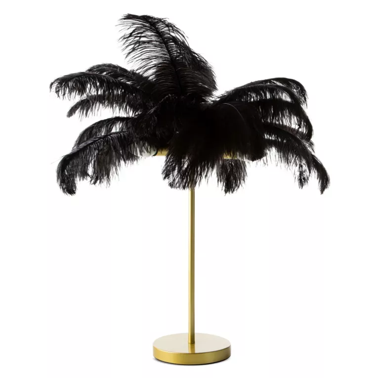 Lampa stołowa do salonu czarno, złota FERI na metalowej podstawie z niezwykle efektownym abażurem z naturalnych strusich piór Eurofirany
