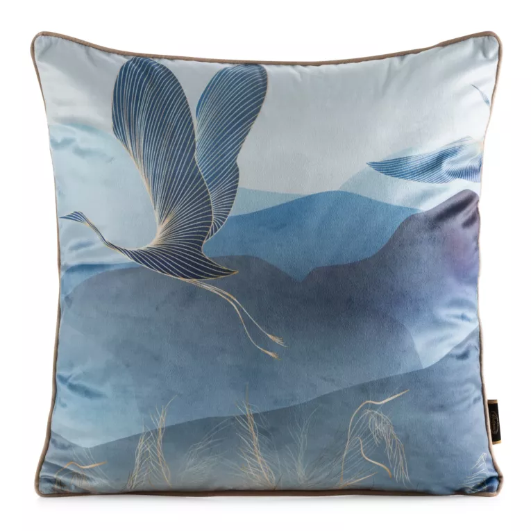 Poszewka na poduszkę 45x45 cm welwetowa zdobiona nadrukiem zwierzęcym i ozdobną lamówką biało, niebieska VELVET 160 EUROFIRANY PREMIUM