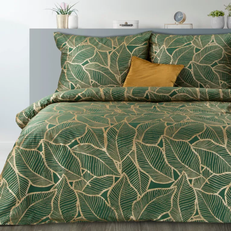 Pościel 160x200 bawełniana kolor ciemnozielony, złoty z metalicznym nadrukiem w eleganckim pudełku METALI 22 Eurofirany
