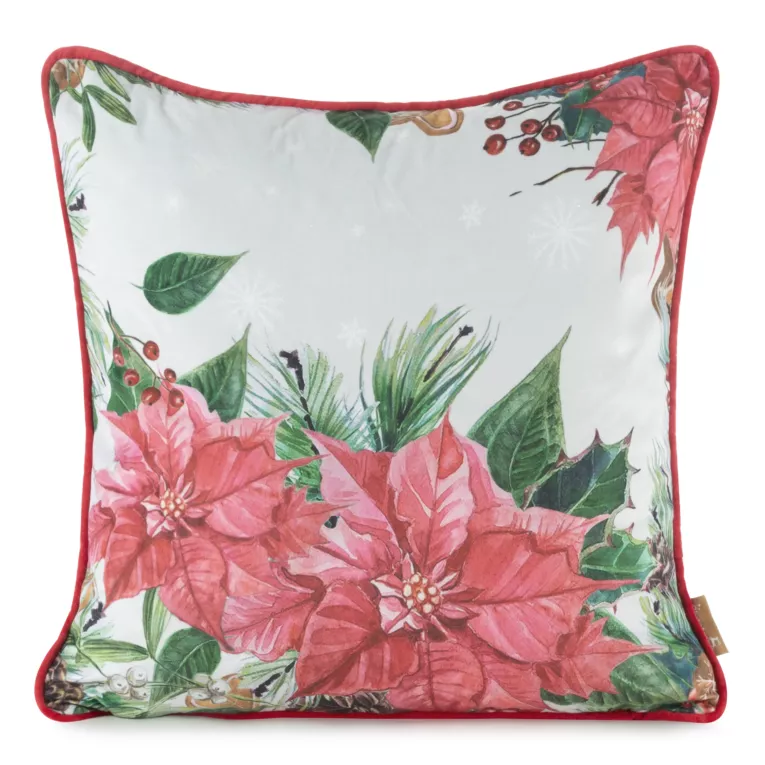 Poszewka na poduszkę 45x45 cm welwetowa z nadrukiem z motywem gwiazdy betlejemskiej różowo, kremowa JINGLE 37 Eurofirany
