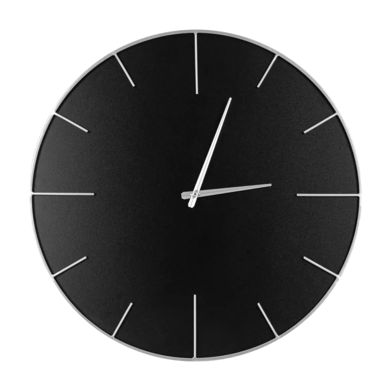 Duży zegar ścienny w metalowej ramie z czarnym cyferblatem Eurofirany