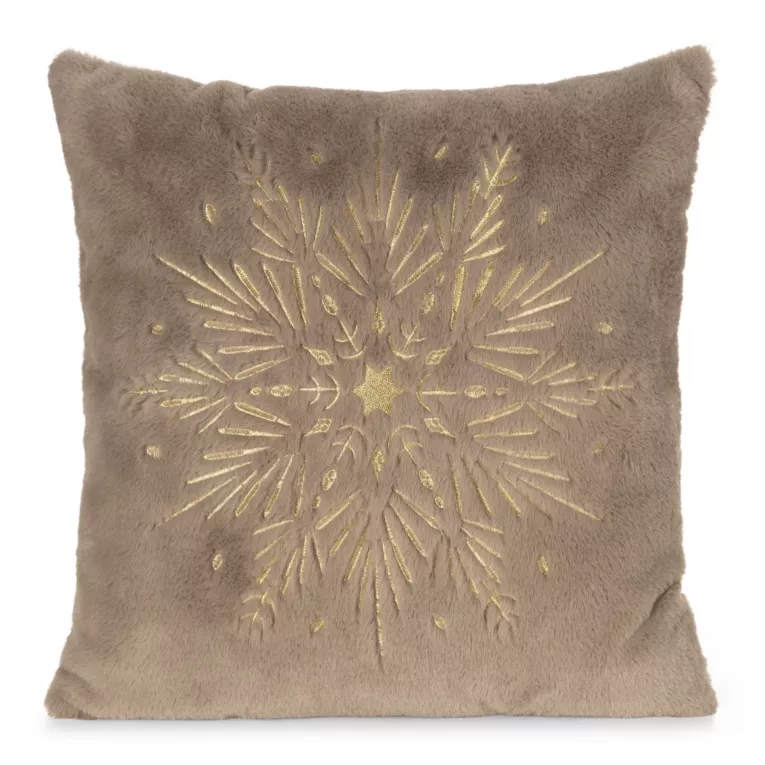 Poszewka na poduszkę świąteczna 45x45 cm jasnorązowo, szampańska z przyjemnego futerka zdobiona haftem śnieżynki Eurofirany