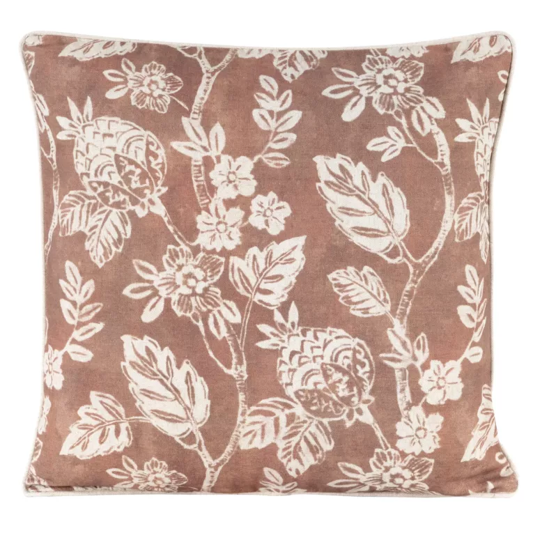 Poszewka na poduszkę 50x50 cm bawełniana z dodatkiem lnu ceglasto, kremowa zdobiona nadrukiem roślinnym  LEN Eurofirany