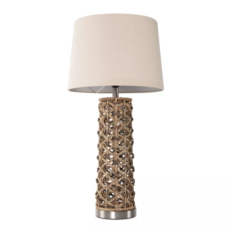 Lampa stołowa do pokoju brązowo, beżowa AMY na ażurowej podstawie wyplatanej z wikliny Eurofirany