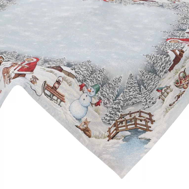 Obrus srebrny 100x100 cm gobelinowy przetykany metaliczną nicią z wzorem zimowego miasteczka