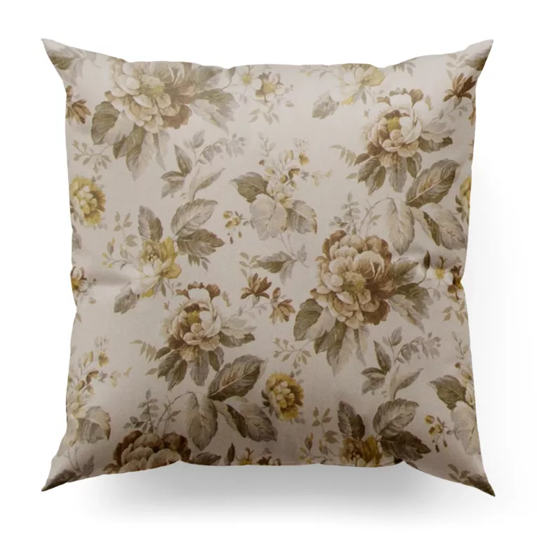 Poszewka szyta kremowo musztardowa z tkaniny z dodatkiem bawełny i nici metalicznej, o wzorze w kwiaty, zawiera 20% bawełny